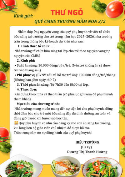TRƯỜNG MN 3-2 CHÍNH THỨC TỔ CHỨC BỮA ĂN SÁNG CHO TRẺ TẠI TRƯỜNG